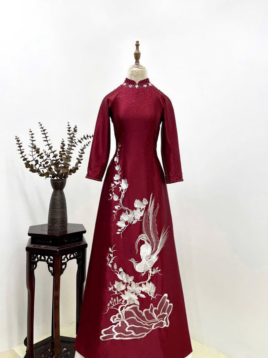 S254 2144 only áo - Áo dài lụa ruby thêu cao cấp đính pha lê màu đỏ