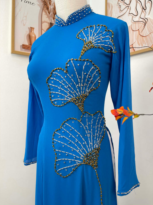 S247 2094 Áo only - Áo dài chiffon thiết kế đính đá màu xanh dương