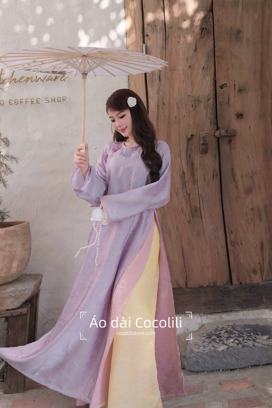 M361 2411 Áo + quần tằm - Áo dài dáng suông 4 tà lụa ánh kim tencel màu tím cà