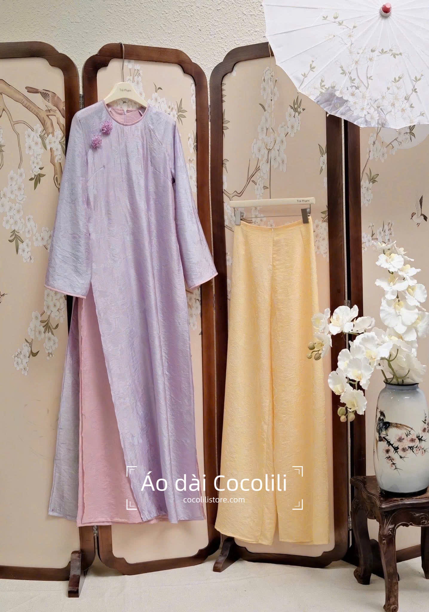 M361 2411 Áo + quần tằm - Áo dài dáng suông 4 tà lụa ánh kim tencel màu tím cà