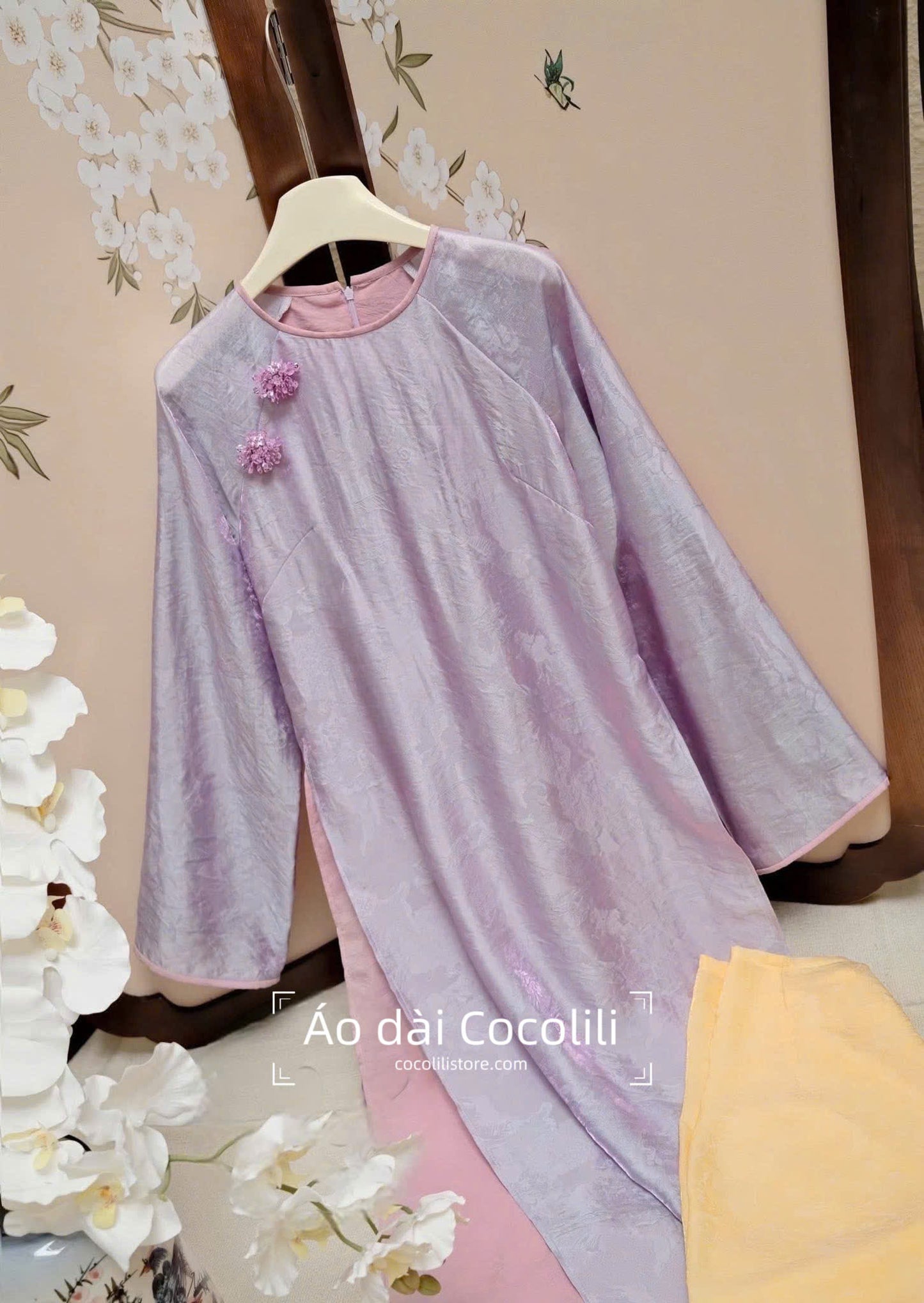 M361 2411 Áo + quần tằm - Áo dài dáng suông 4 tà lụa ánh kim tencel màu tím cà