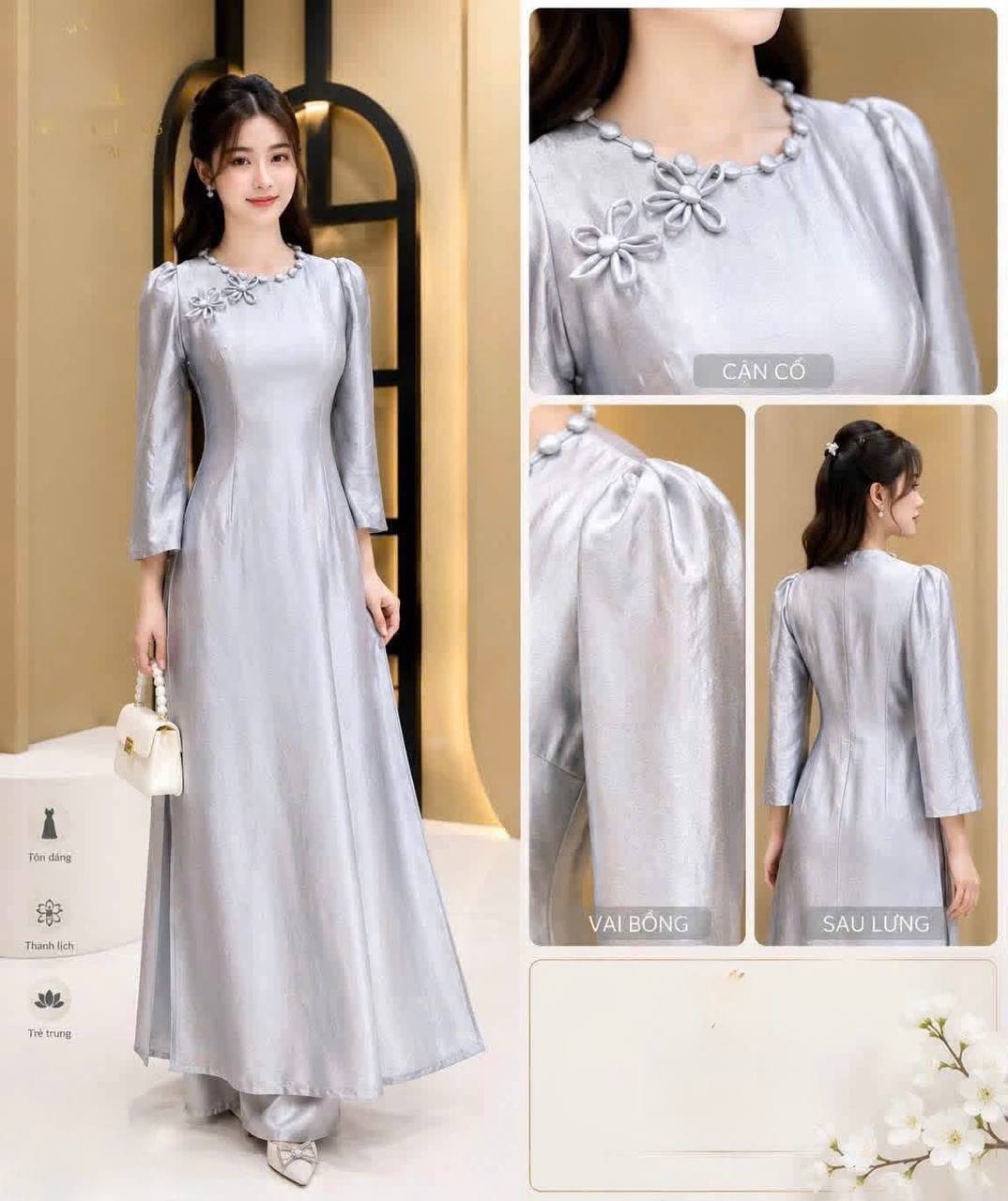 K250 Áo only no pants - Áo dài dáng truyền thống chiết li eo lụa titan màu bạc