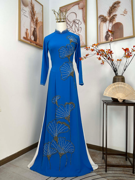 S247 2094 Áo only - Áo dài chiffon thiết kế đính đá màu xanh dương