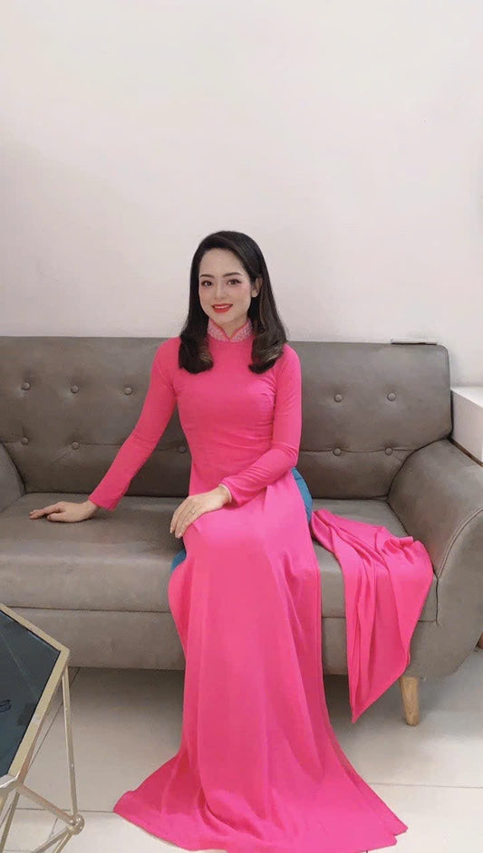 K291 6137 Áo only no pants - Áo dài chiffon dáng truyền thống chiết eo cổ đính kết màu hồng