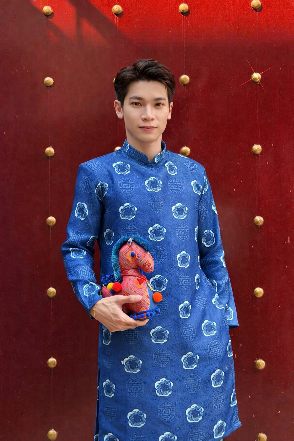 B1251 2237 Áo only - Áo dài nam gấm màu xanh dương