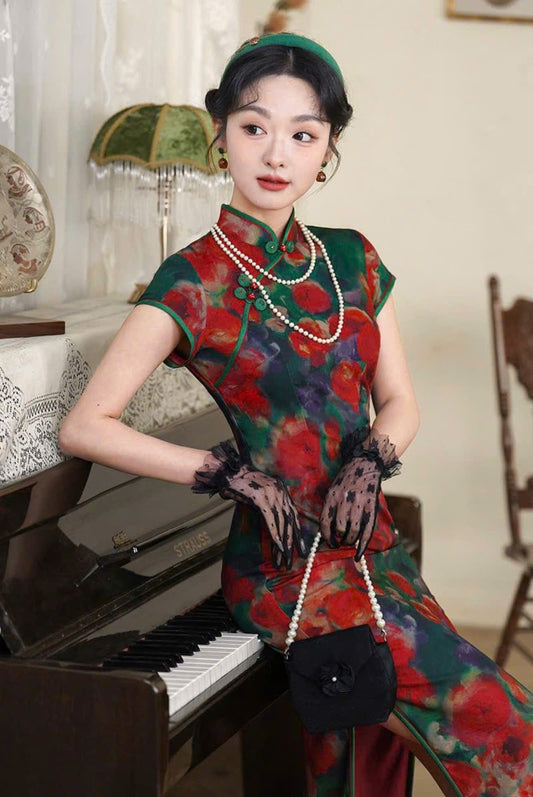 CS03 4849 - Sườn xám lụa dài Diệp anh hồng