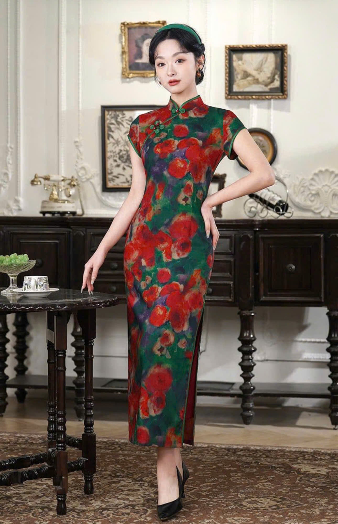 CS03 4849 - Sườn xám lụa dài Diệp anh hồng