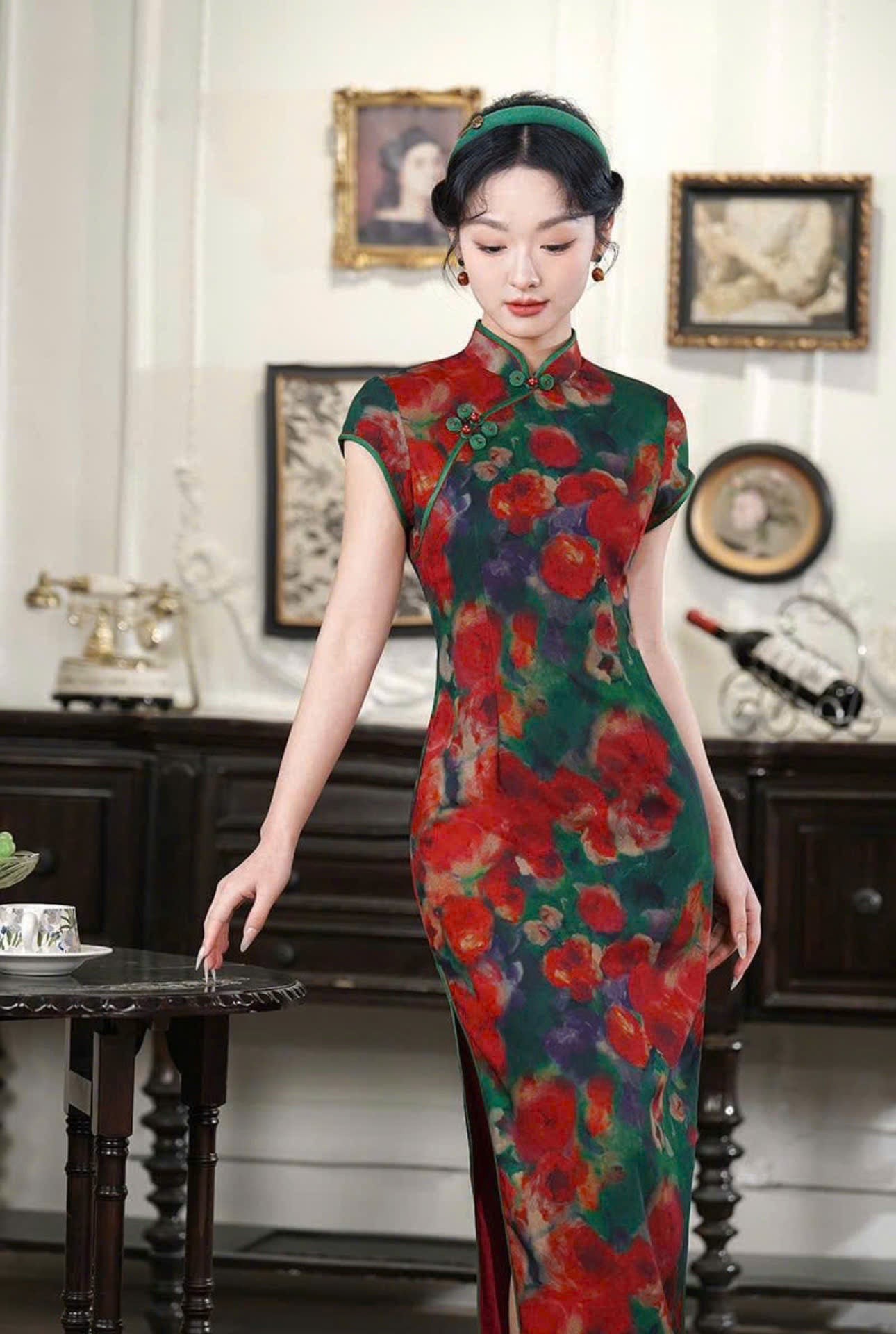 CS03 4849 - Sườn xám lụa dài Diệp anh hồng