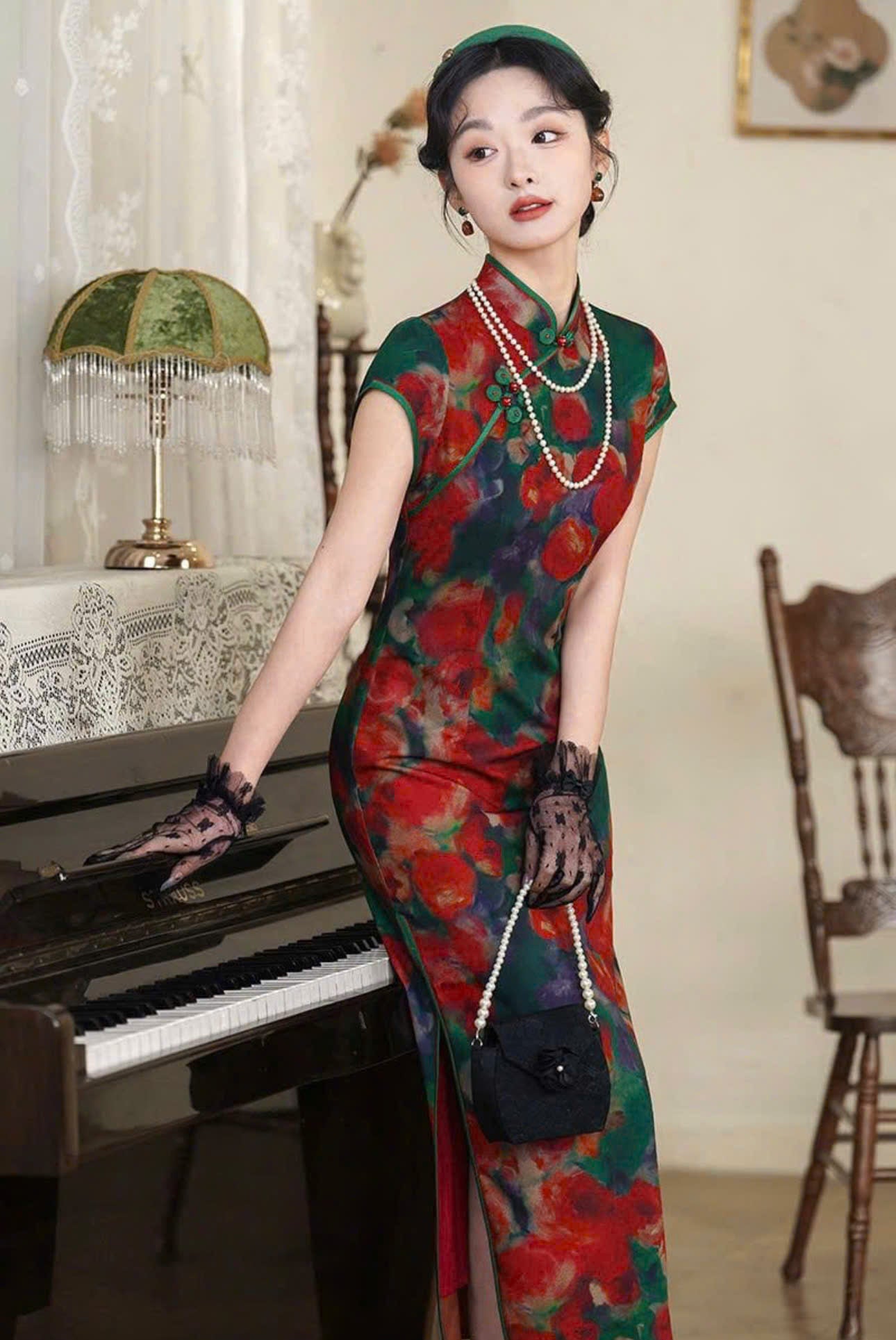 CS03 4849 - Sườn xám lụa dài Diệp anh hồng