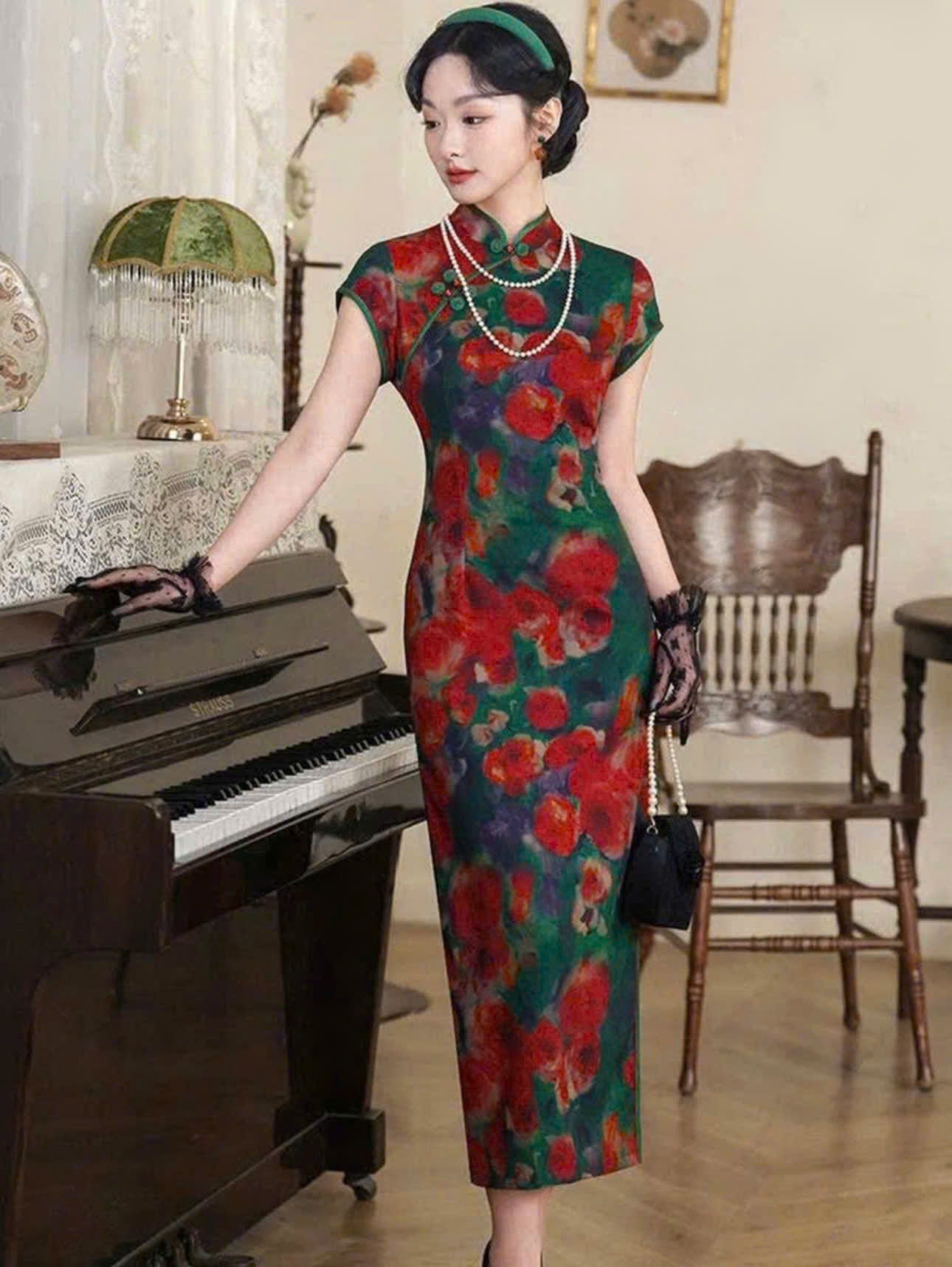 CS03 4849 - Sườn xám lụa dài Diệp anh hồng