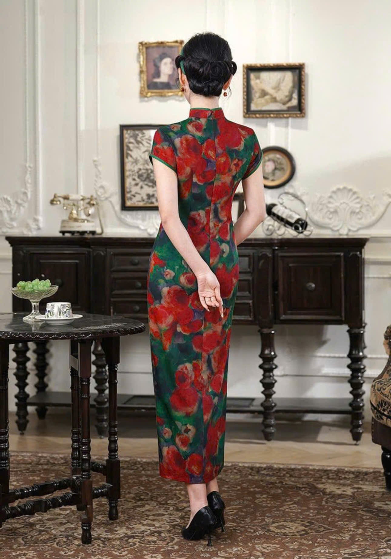 CS03 4849 - Sườn xám lụa dài Diệp anh hồng