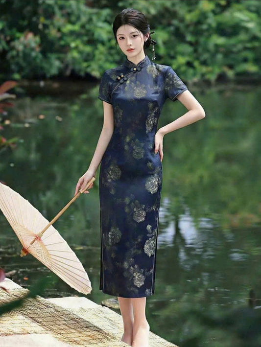 CS09 4851 - Sườn xám dài Lam kim ánh