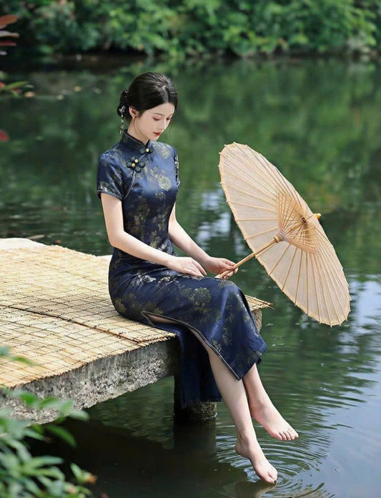 CS09 4851 - Sườn xám dài Lam kim ánh