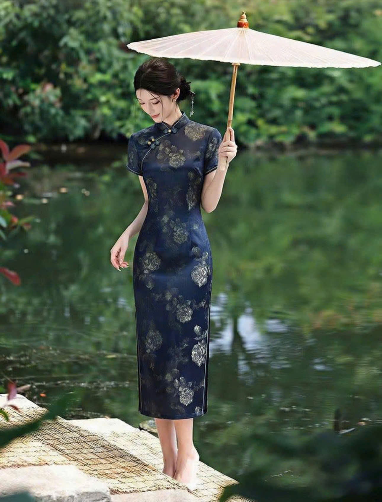 CS09 4851 - Sườn xám dài Lam kim ánh