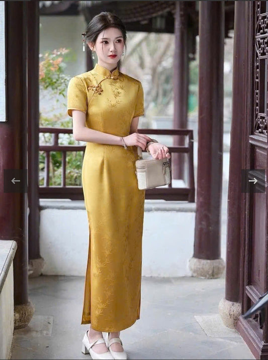 CS02 - Sườn xám lụa dài Kim hoàng ý