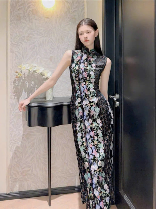 CS07 4865 - Sườn xám nhung dài lan huyền