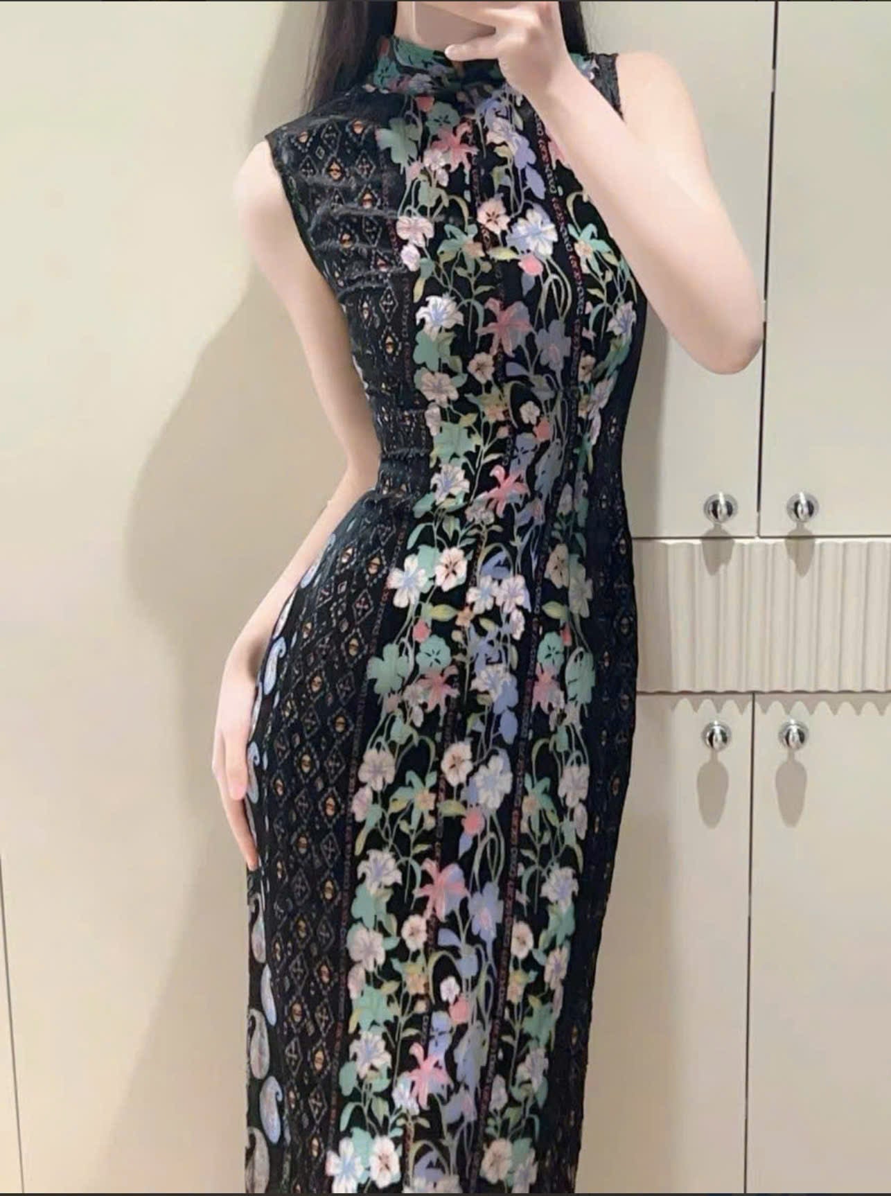 CS07 4865 - Sườn xám nhung dài lan huyền