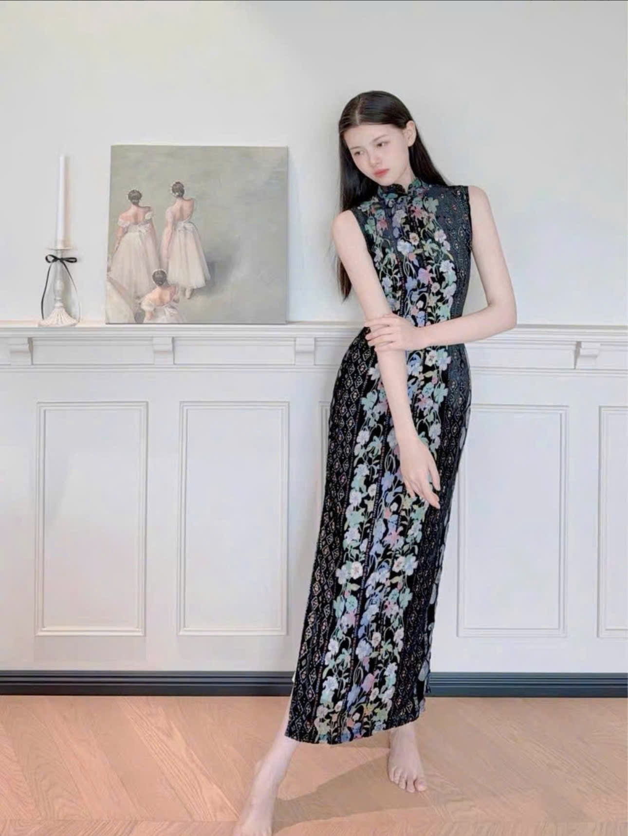 CS07 4865 - Sườn xám nhung dài lan huyền