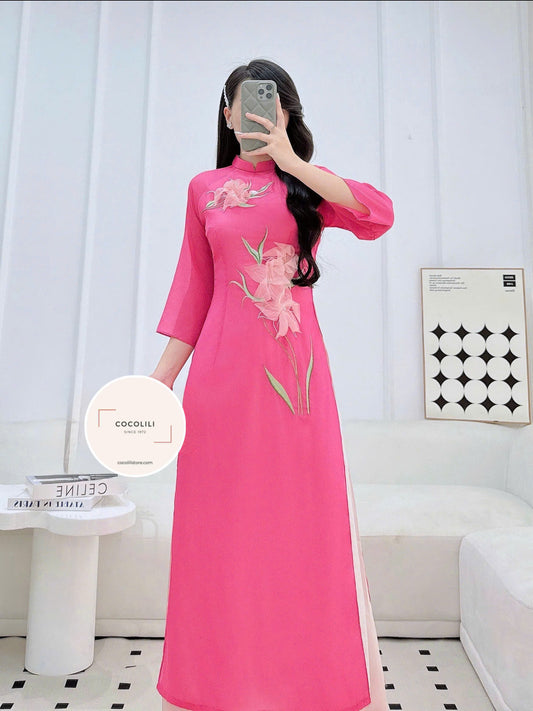 TN53 4921 Áo only no pants - Áo dài cách tân tơ thêu màu hồng sen