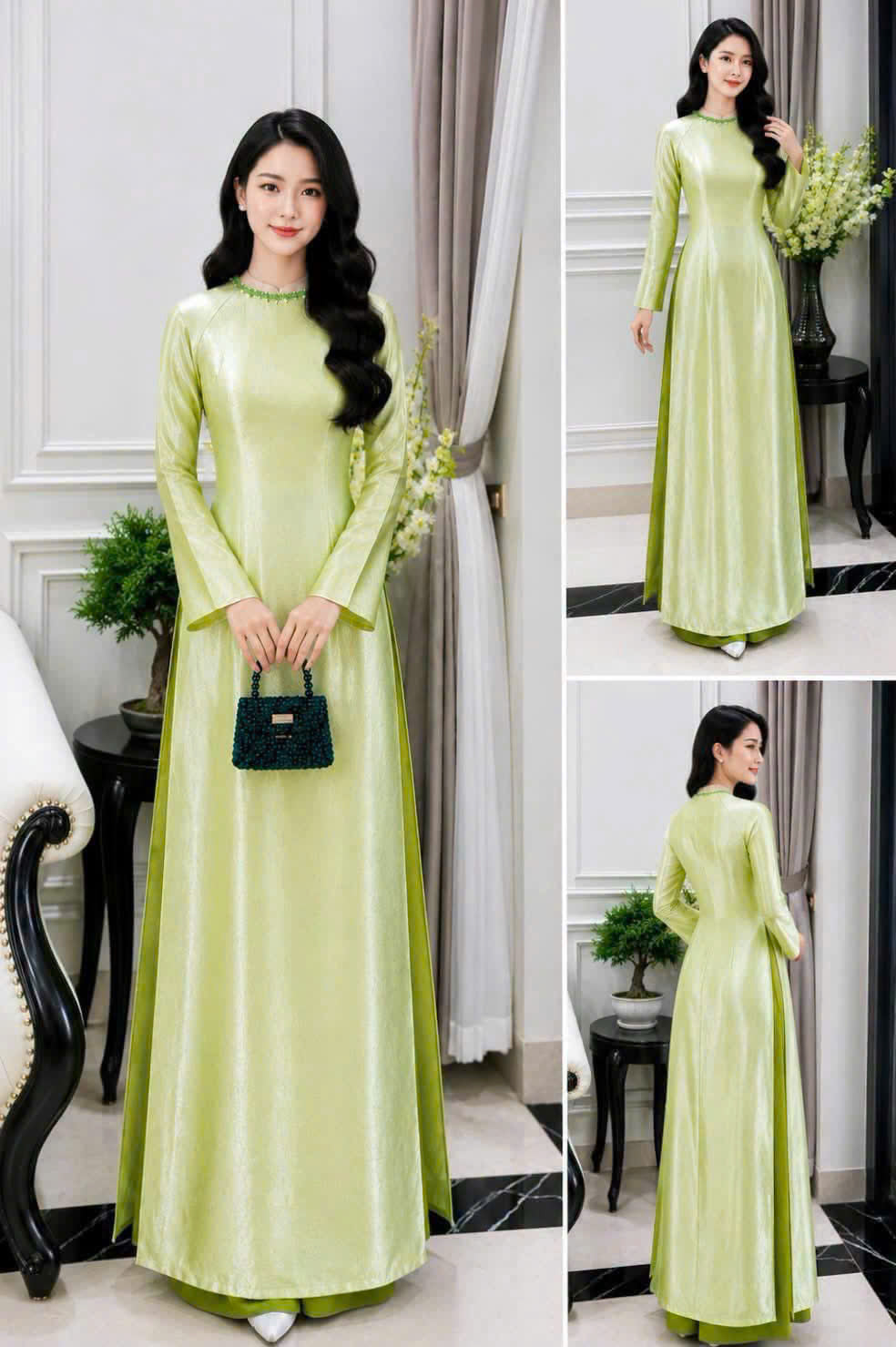 H973 4968 Áo only no pants - Áo dài dáng truyền thống chiết li eo lụa titan xanh cốm