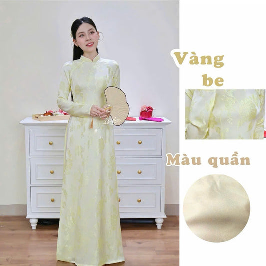 M606 4970 Áo + quần lụa - Áo dài dáng truyền thống chiết li eo lụa silk óng