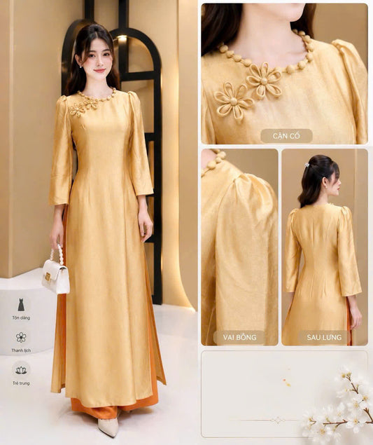 K001 4971 Áo only no pants - Áo dài dáng truyền thống chiết li eo lụa titan màu vàng