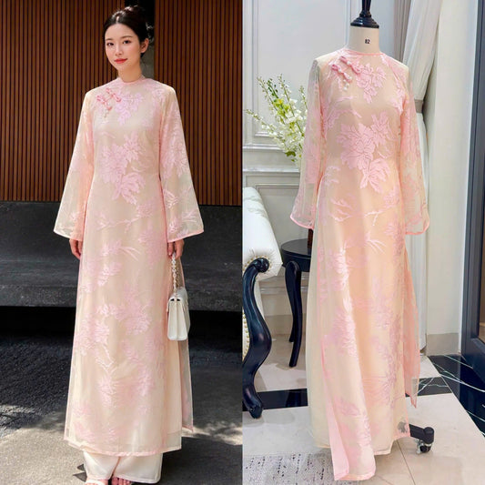 H977 4972 Áo only no pants - Áo dài dáng suông tơ hoa hồng 4 tà cao cấp