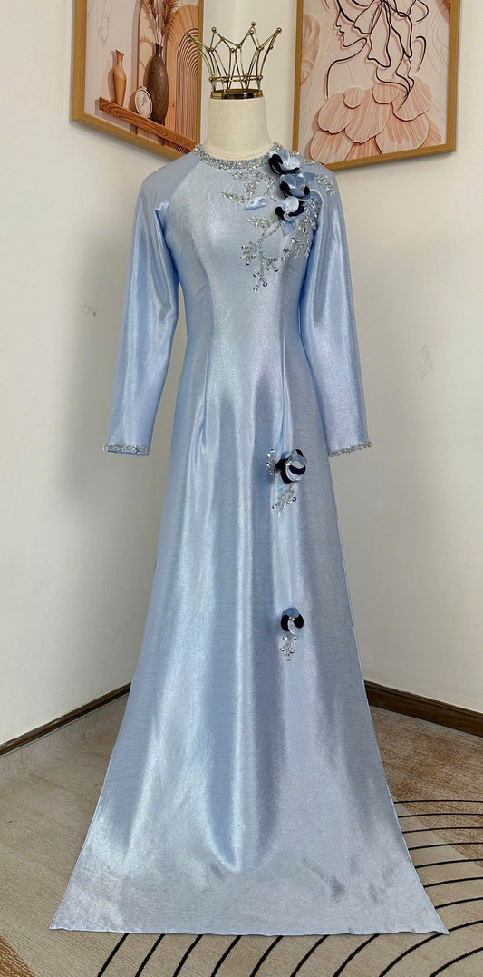 H974 4976 Áo only no pants - Áo dài dáng truyền thống chiết li eo lụa titan đính hoa nổi
