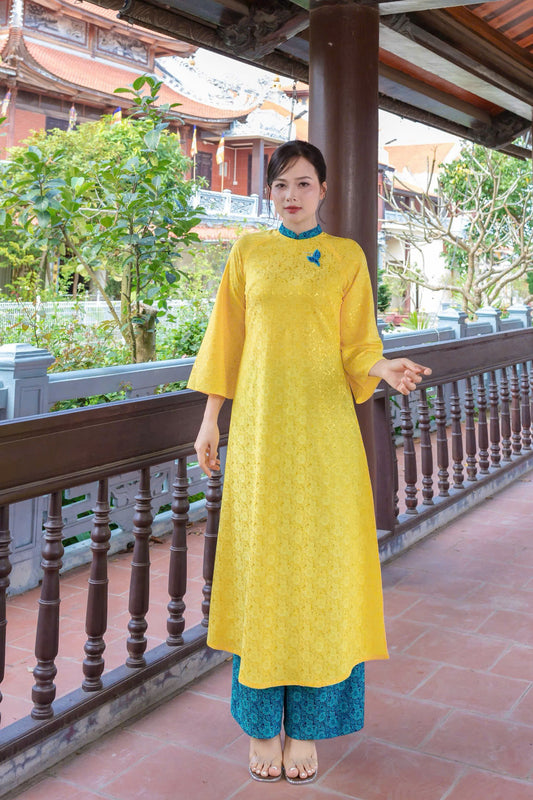 K07 4980 Áo only no pants - Áo dài cách tân dáng suông lụa gấm hoa cúc đính kết