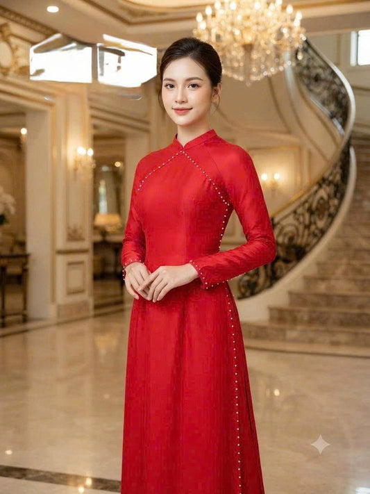 K08 Áo only no pants - Áo dài dáng truyền thống chiết li eo lụa ngọc trai đính kết