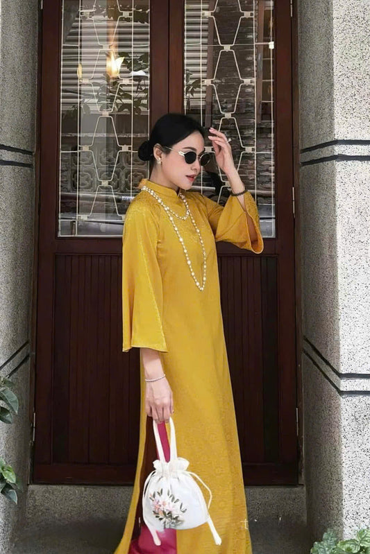 K13 5045 Áo only no pants - Áo dài cách tân dáng suông lụa gấm hoa cúc