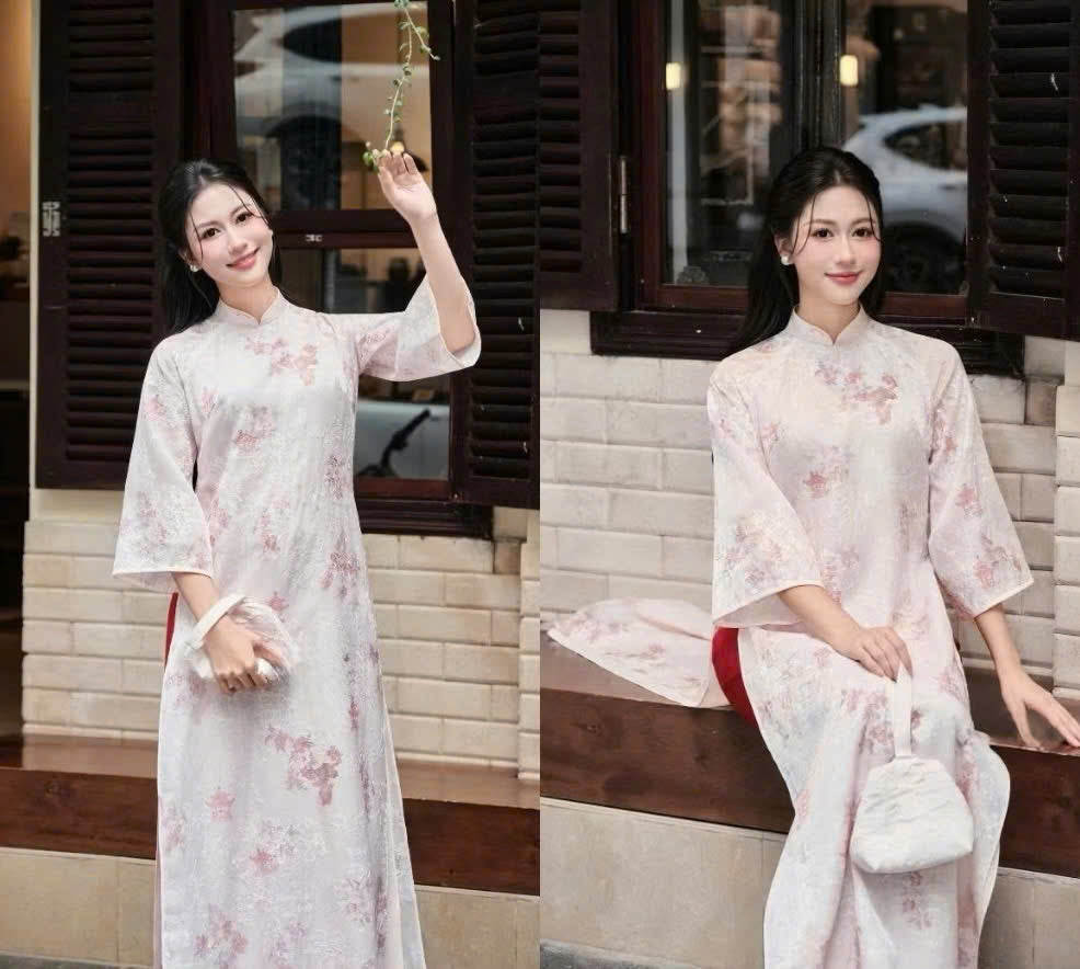 K06 Áo only no pants - Áo dài dáng suông tơ thêu 4 tà màu hồng phấn