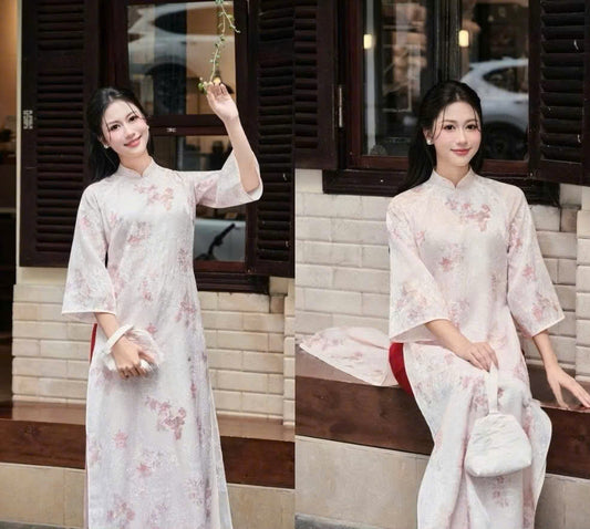 K06 5046 Áo only no pants - Áo dài dáng suông tơ thêu 4 tà màu hồng phấn