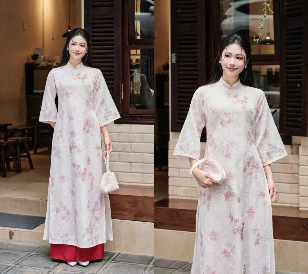 K06 Áo only no pants - Áo dài dáng suông tơ thêu 4 tà màu hồng phấn