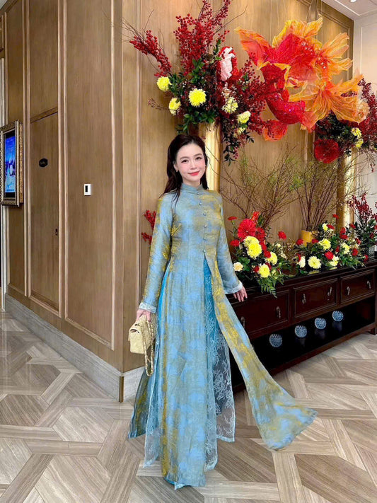 M608 5048 Áo + quần lụa - Áo dài dáng truyền thống chiết li eo xẻ tà lụa tencel lót ren