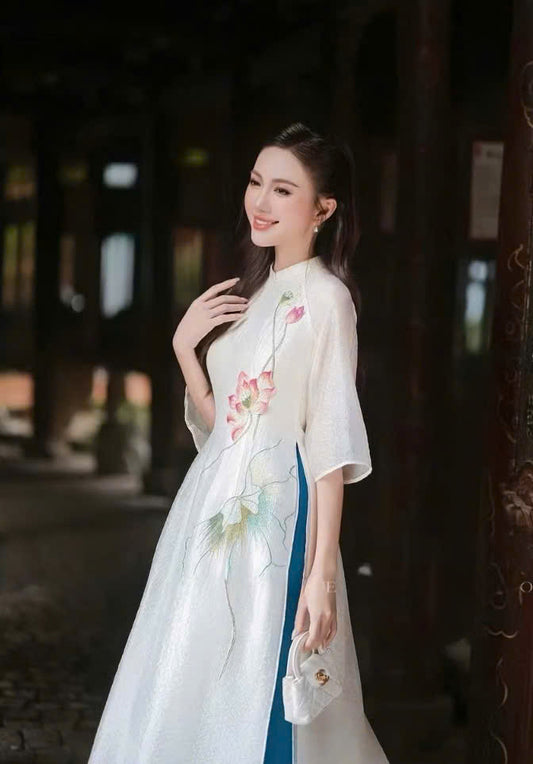 K29 Áo only no pants - Áo dài dáng truyền thống chiết li eo tơ thêu sen