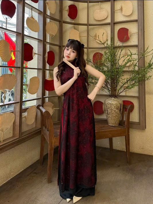 RY45 Áo only no pants - Áo dài cổ yếm ren lót lụa đỏ