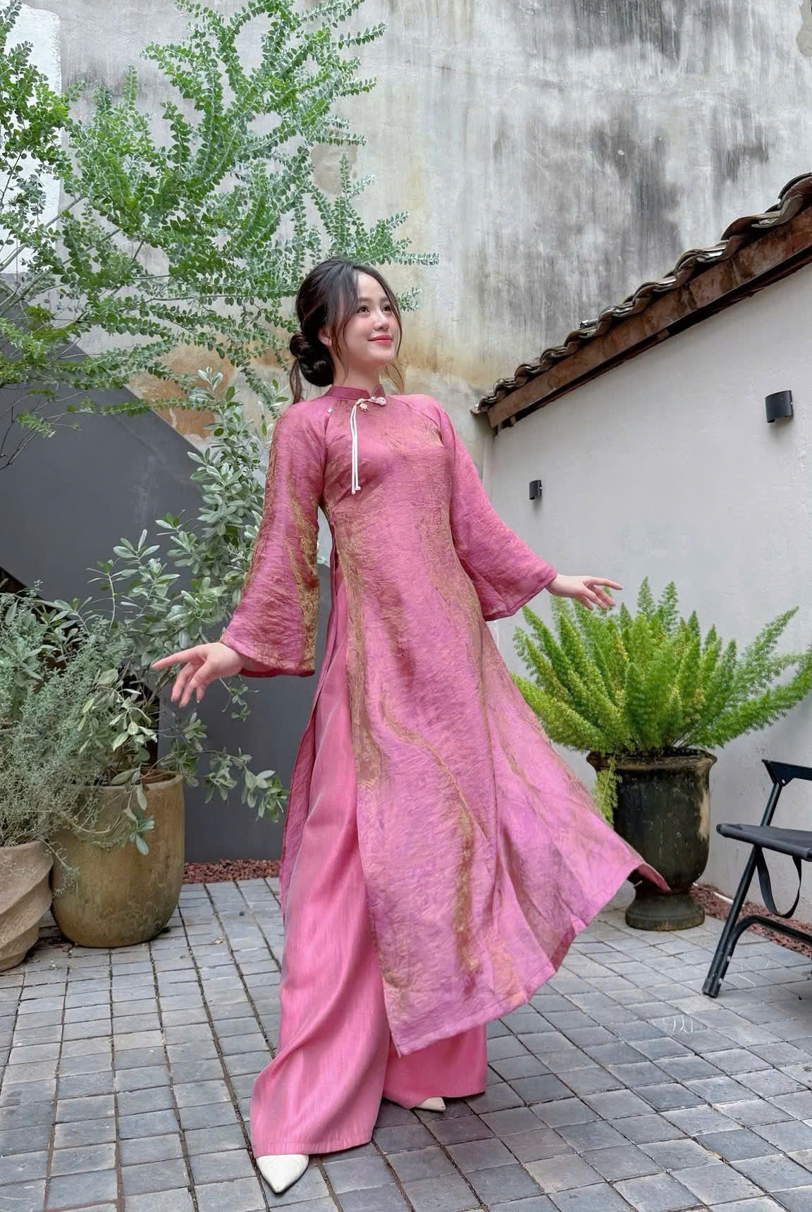 M613 Áo only no pants - Áo dài dáng suông 2 tà lụa ánh kim tencel