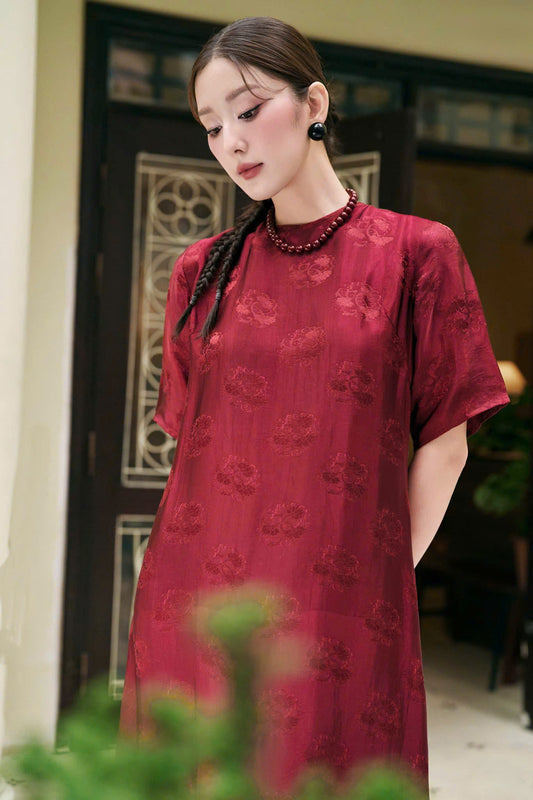 V51 5130 - Đầm dáng suông dài, tay ngắn lụa nha xá