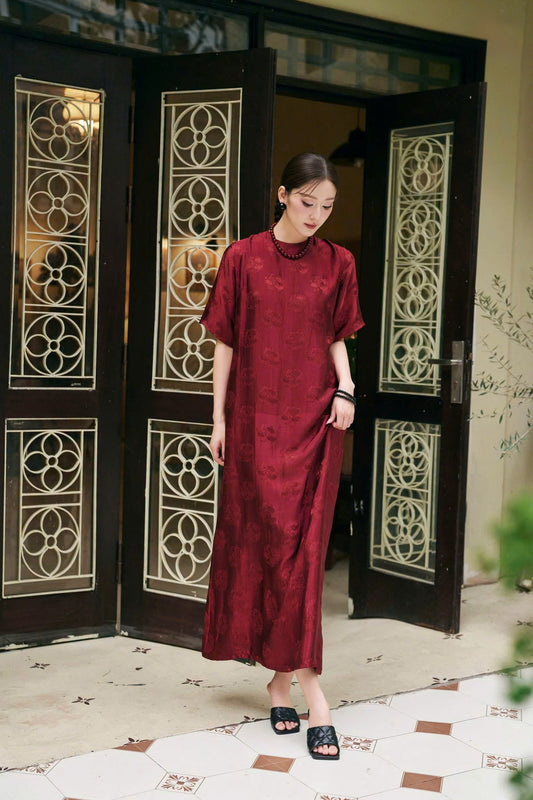 V51 5130 - Đầm dáng suông dài, tay ngắn lụa nha xá