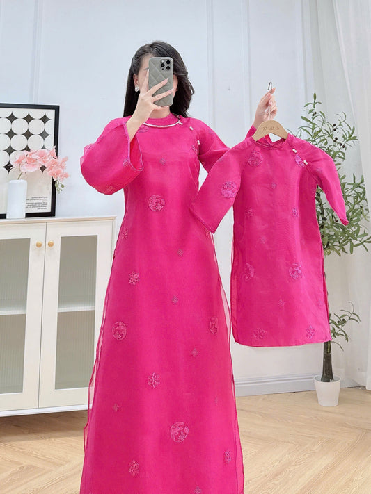 K45 5147 Áo only no pants - Áo dài cách tân dáng suông tơ thêu màu hồng sen