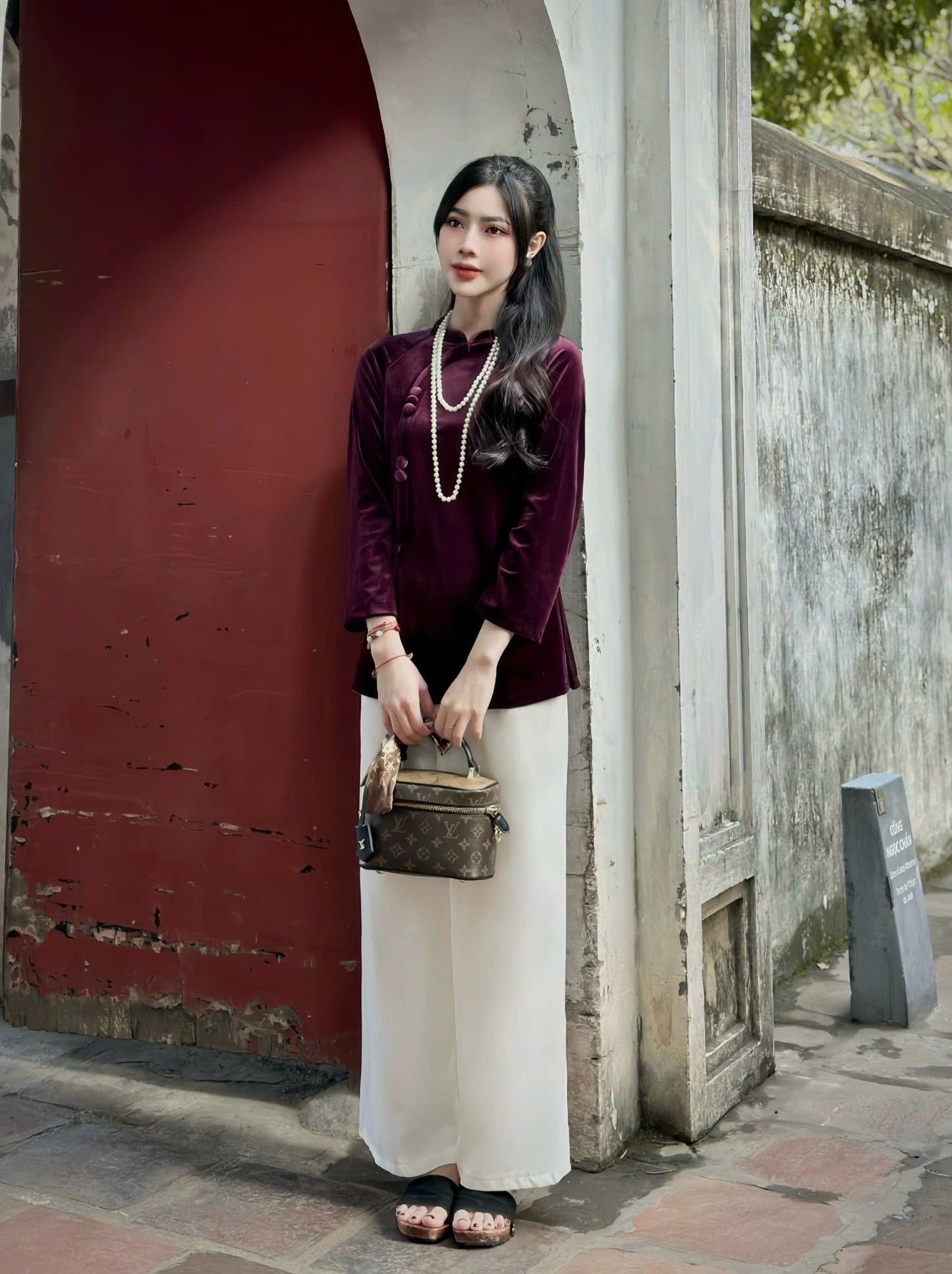 BB305 - Set bà ba áo nhung tím quần lụa
