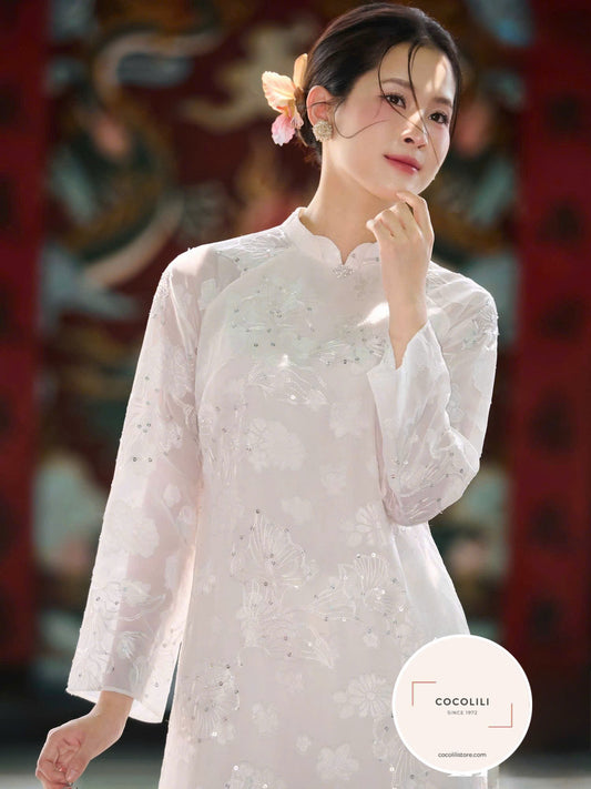 K68 5170 Áo only no pants - Áo dài dáng suông tơ kimsa trắng