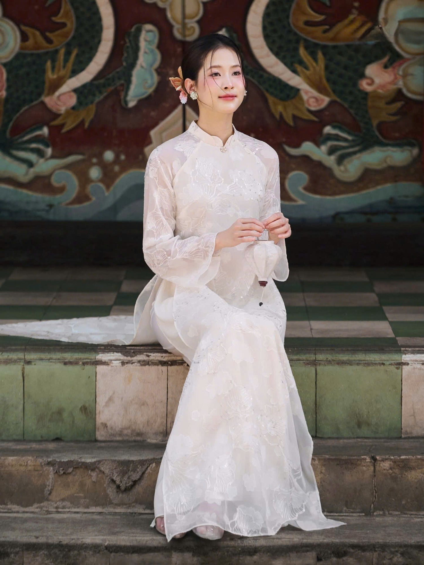 K68 Áo only no pants - Áo dài dáng suông tơ kimsa trắng