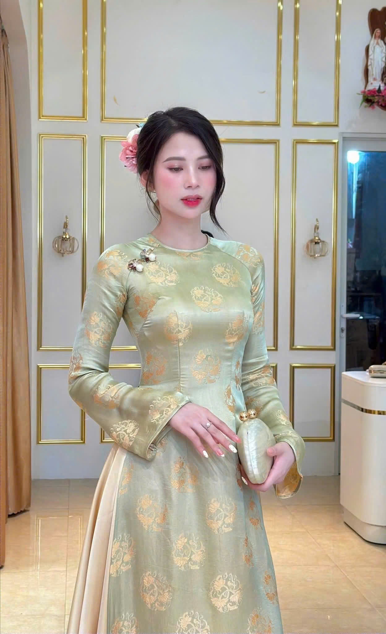 K69 Áo only no pants - Áo dài dáng truyền thống chiết li eo lụa sen tròn 2 da