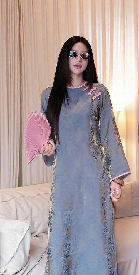 K70 Áo only no pants - Áo dài dáng suông 2 tà lụa tằm ánh kim tencel