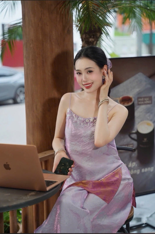 Y73 - 5178 Set đồ bộ 2 dây 4 tà lụa tằm ánh kim đính kết