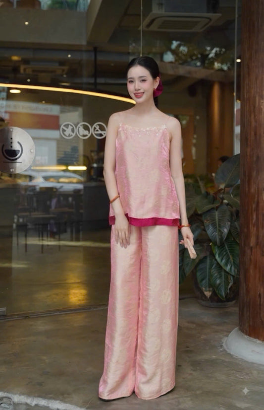 Y71 - 5179 Set đồ bộ 2 dây 4 tà lụa tằm ánh kim đính kết màu cam đào