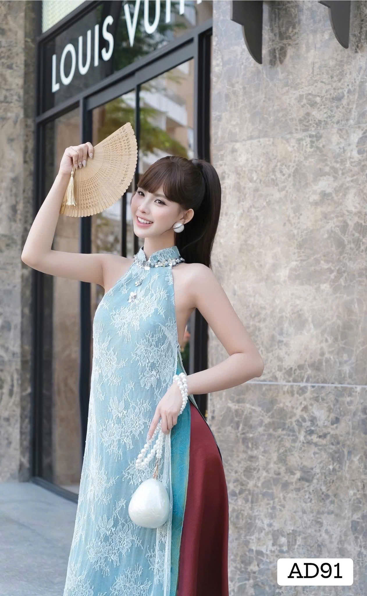 Y75 5210 Yếm only no pants - Yếm ren 4 tà đính kết màu xanh