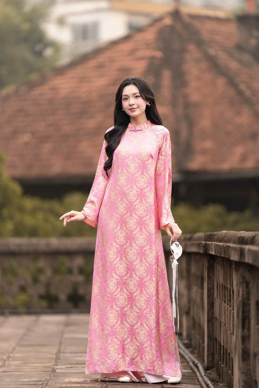 K82 Áo only no pants - Áo dài dáng suông 2 tà lụa gấm thọ dơi màu hồng đậm
